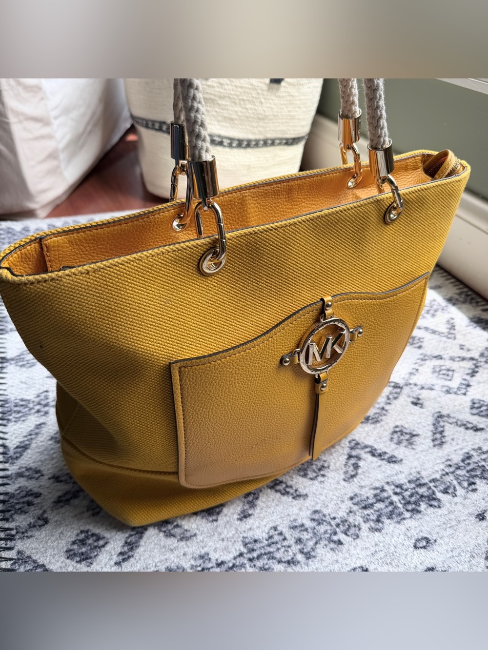 Michael Kors Mustard Yellow Canvas Tote with Rope Handles